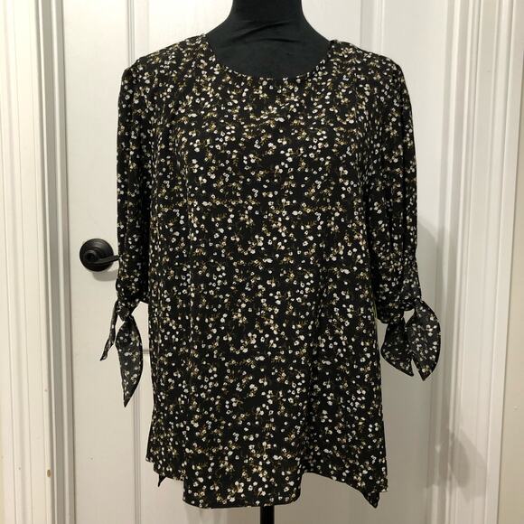 Cece Womens Blouse Size Large Black White Floral Tie Sleeve‎ Keyhole Back Top - Picture 2 of 12